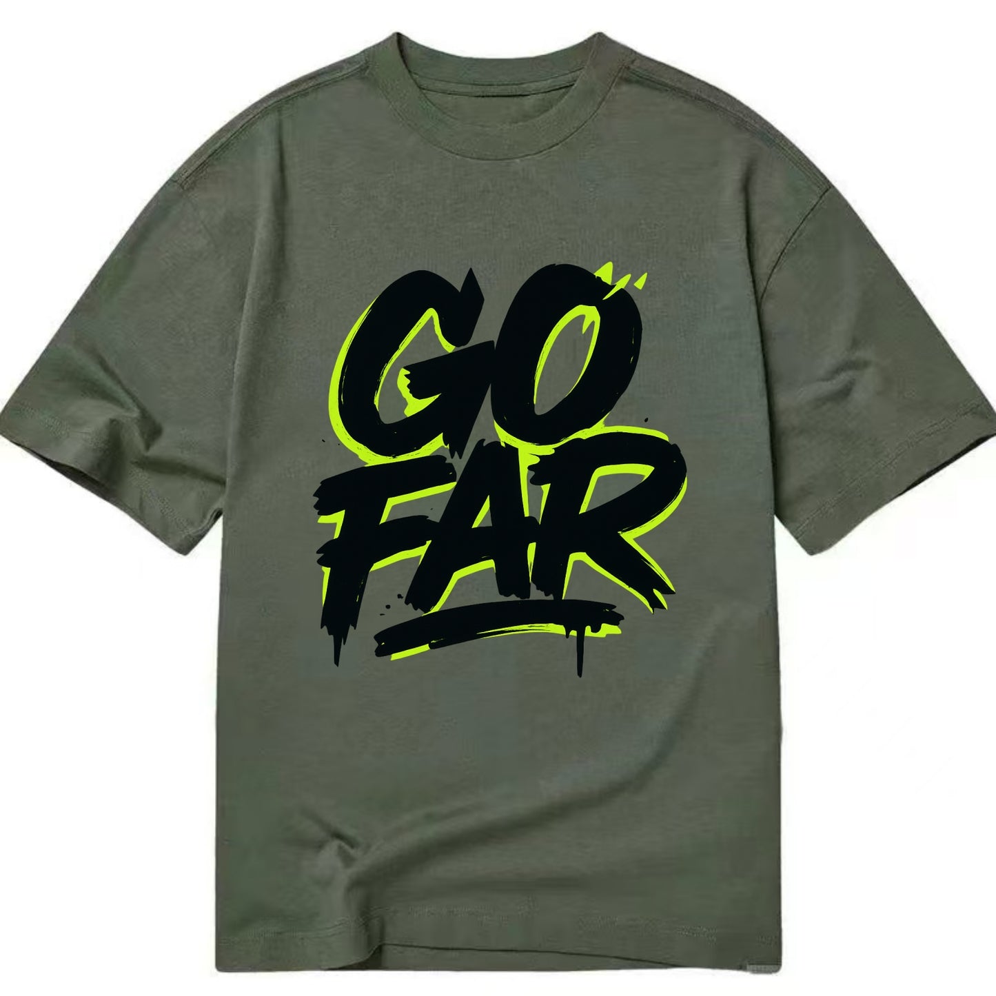 Bold typography design - "GO FAR" - distance goals, pushing limits - Classic T-shirt - Army Green