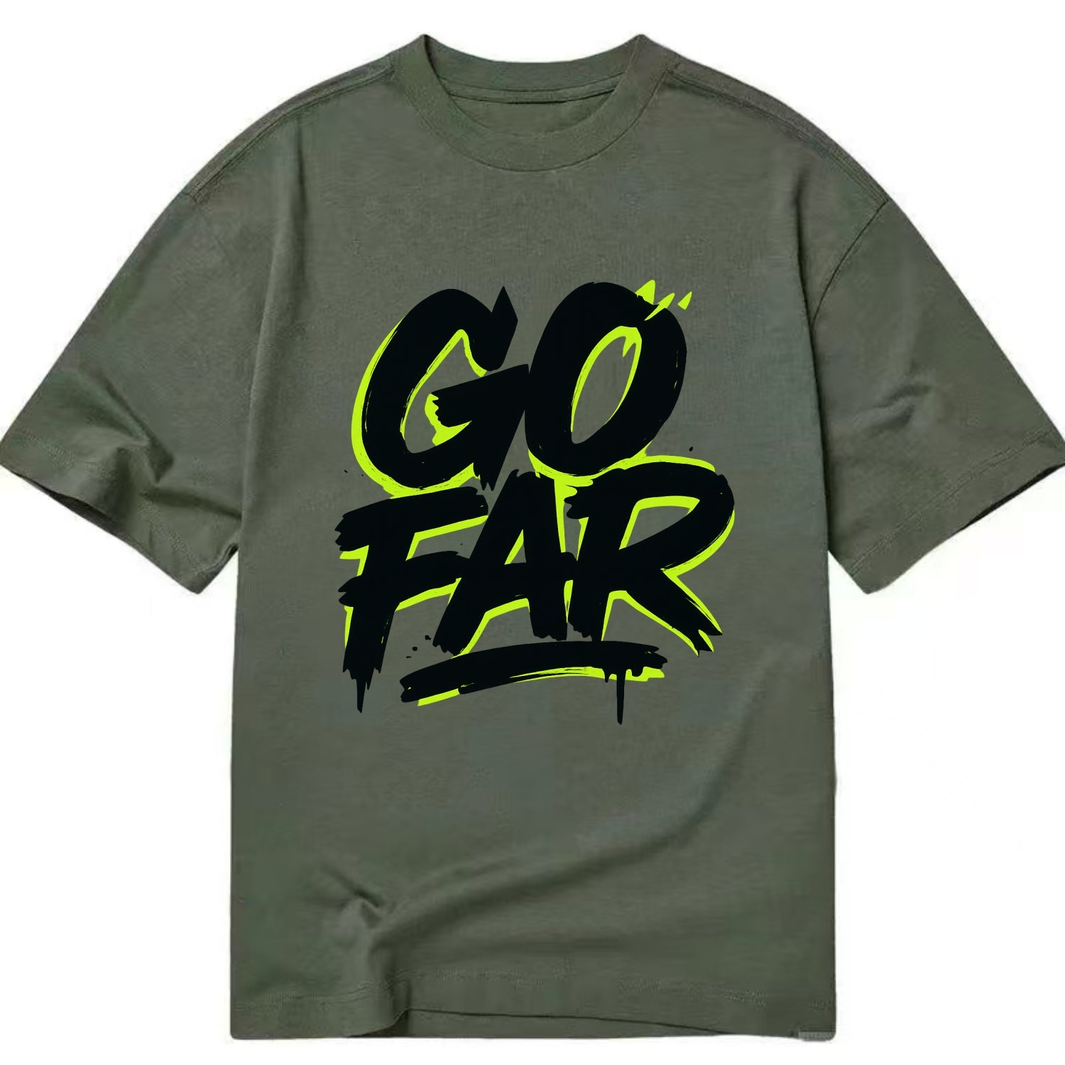 Bold typography design - "GO FAR" - distance goals, pushing limits - Classic T-shirt - Army Green