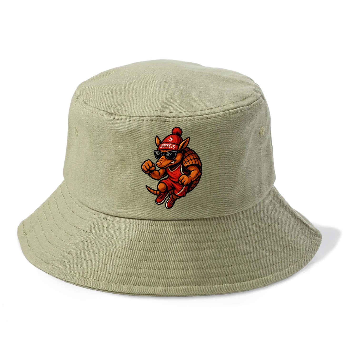 Houston Armadillo wearing Rockets red and silver beanie with rocket ship and wayfarer - Bucket Hat - Army Green