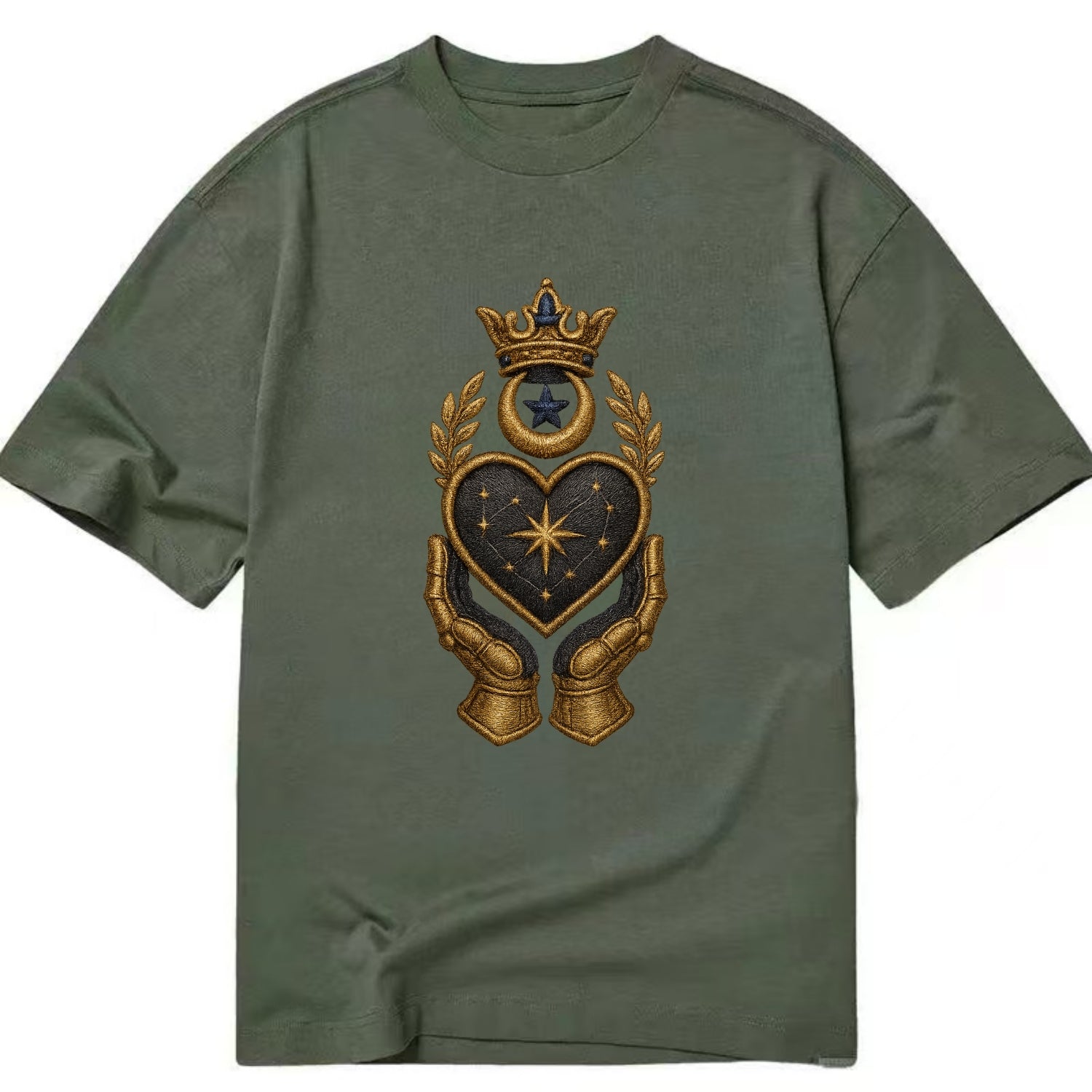 Crowned heart with Art Deco sunburst crown and geometric filigree hands cradling - Classic T-shirt - Army Green