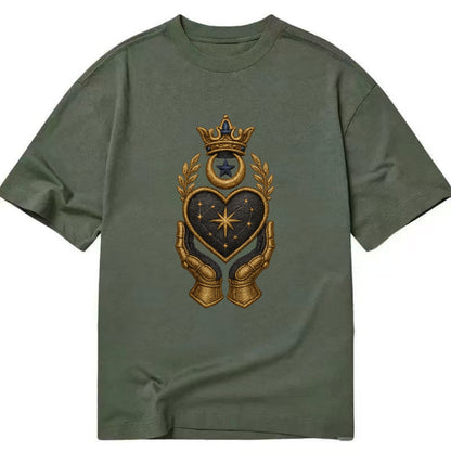 Crowned heart with Art Deco sunburst crown and geometric filigree hands cradling - Classic T-shirt - Army Green