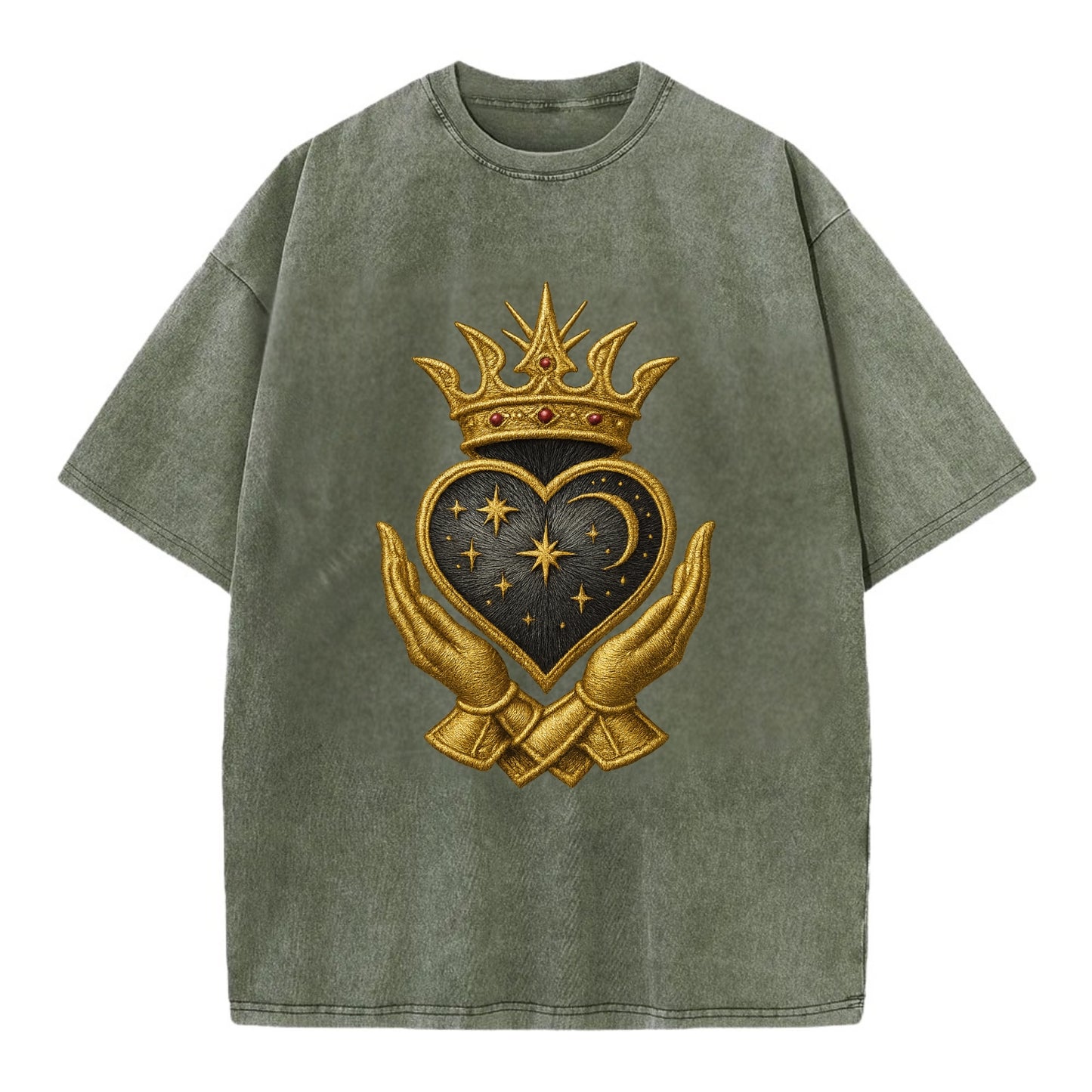 Hammered bronze warrior crown anchoring a dark steel heart with shield-bearing - Vintage T-shirt - Army Green