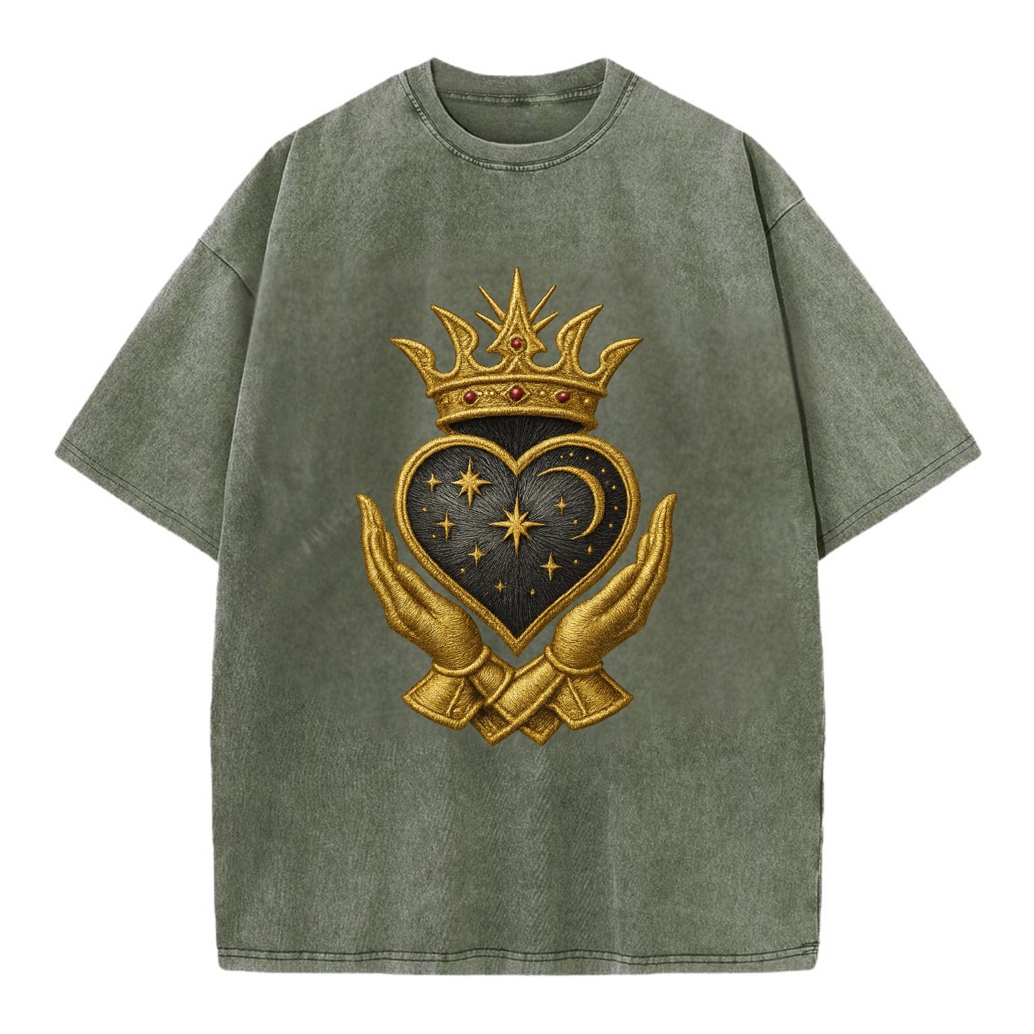 Hammered bronze warrior crown anchoring a dark steel heart with shield-bearing - Vintage T-shirt - Army Green