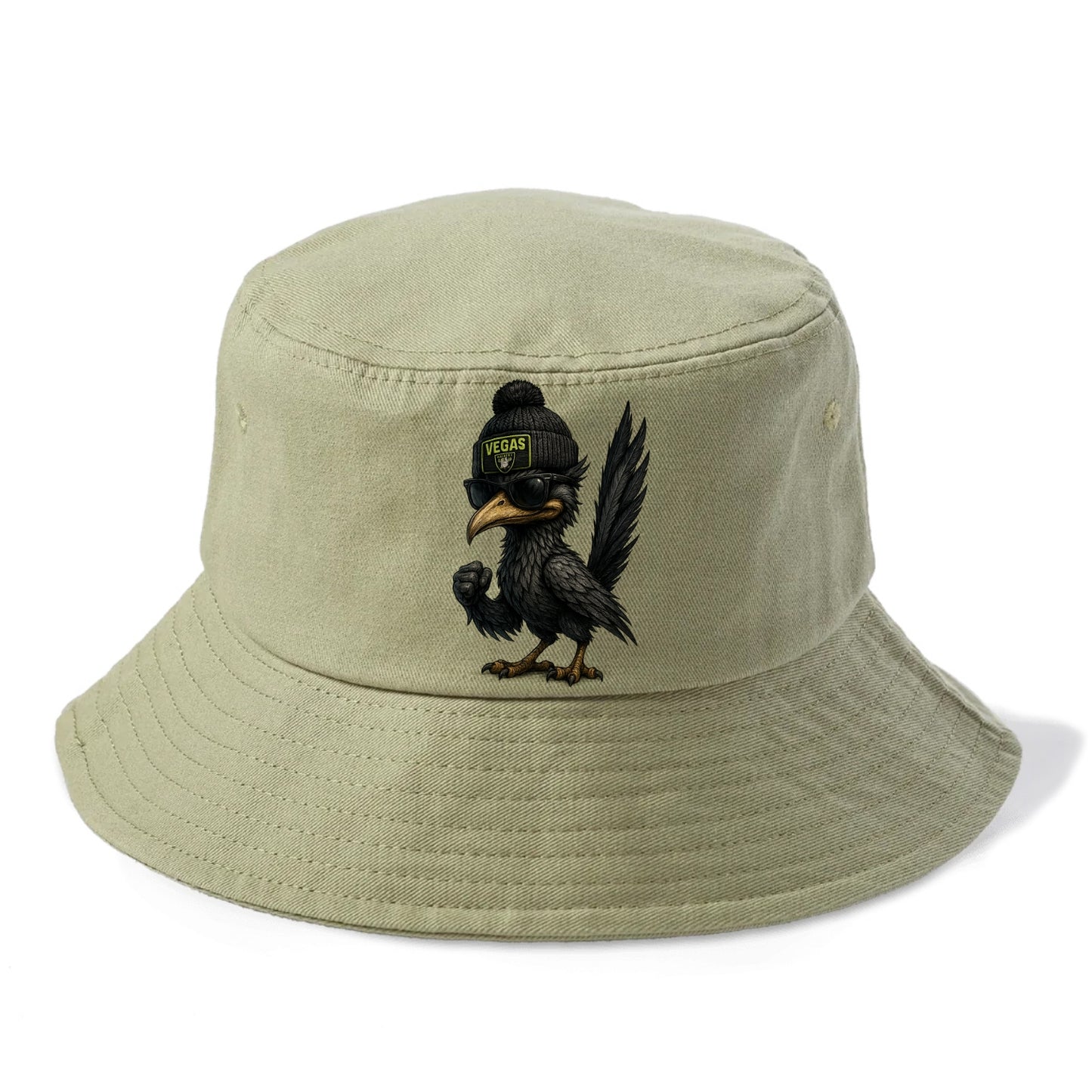 Vegas Roadrunner wearing Raiders beanie with neon patch and wayfarer sunglasses - Bucket Hat - Army Green