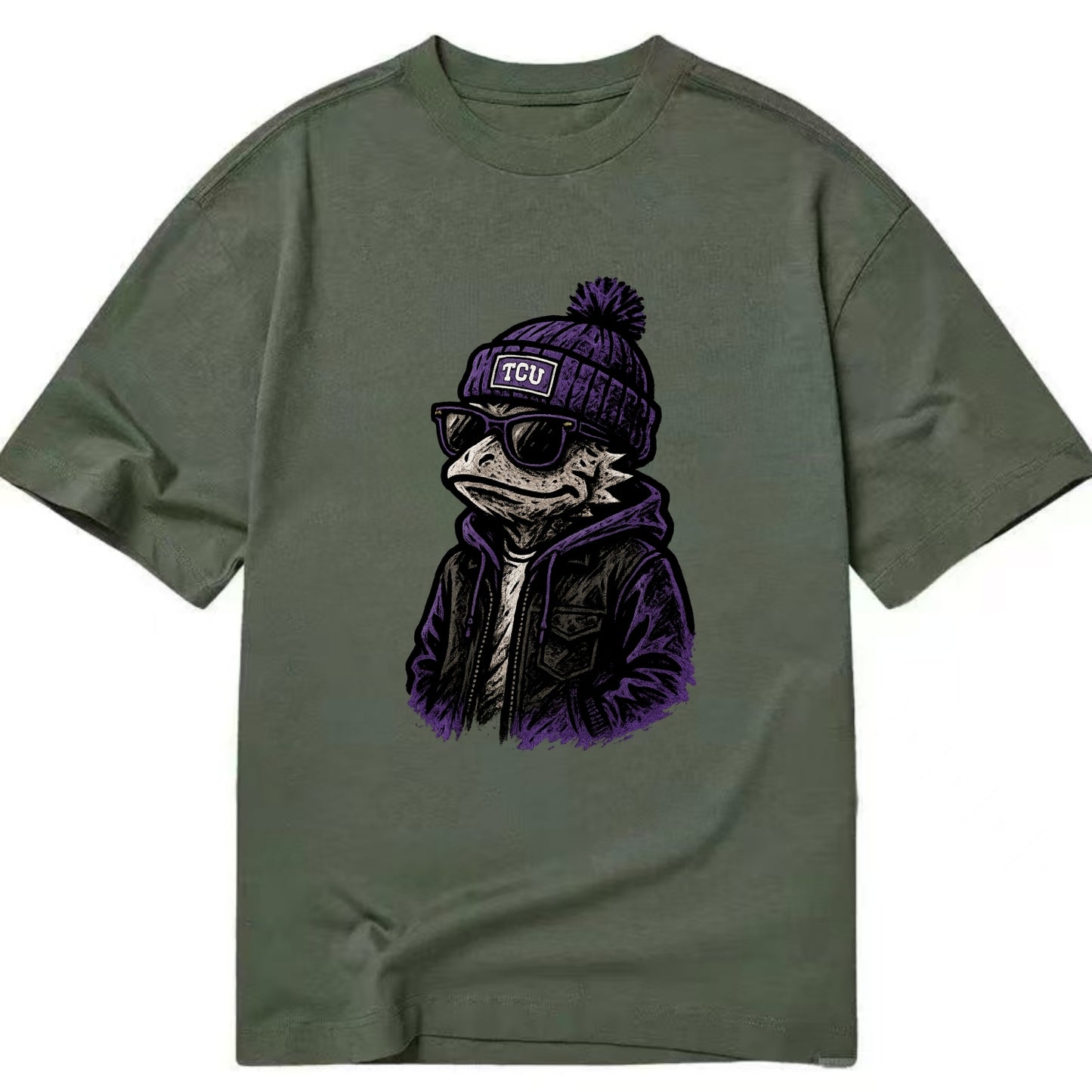 Fort Worth Frog wearing TCU beanie with horned patch - Classic T-shirt - Army Green