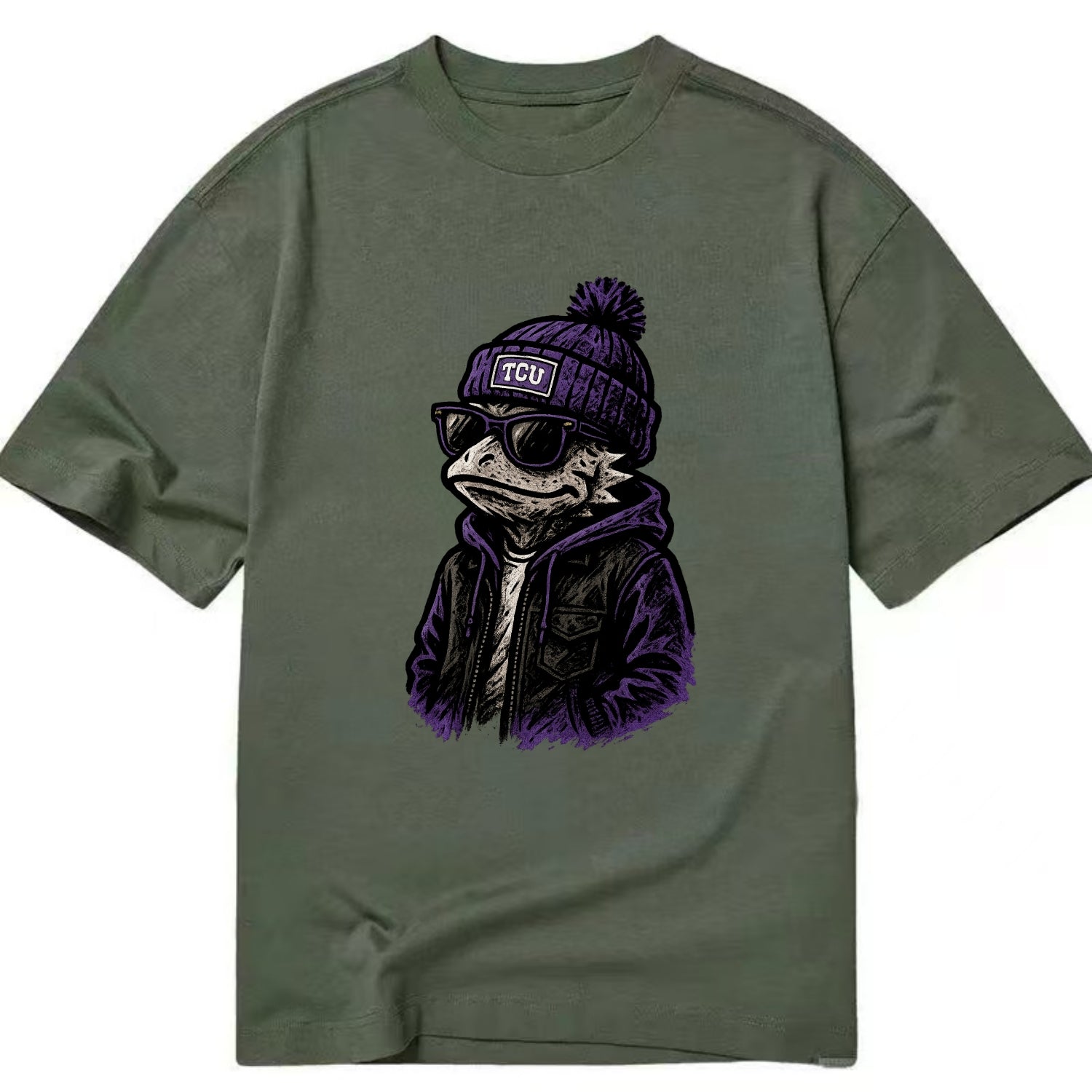 Fort Worth Frog wearing TCU beanie with horned patch - Classic T-shirt - Army Green