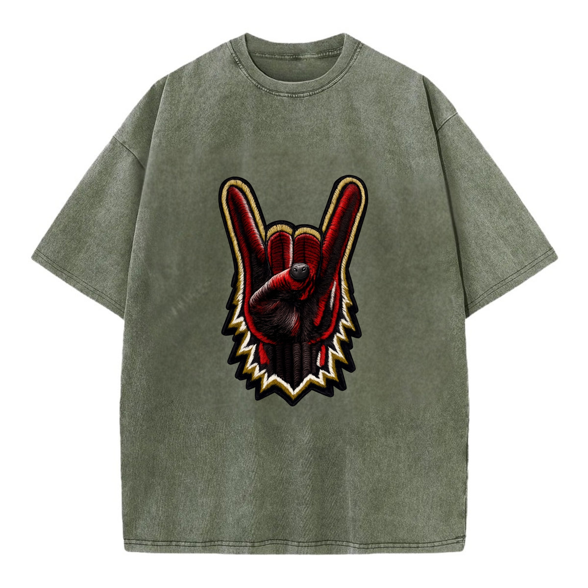 ROCK HAND HORNS - devil horns hand gesture in black and red , metal music - Vintage T-shirt - Army Green