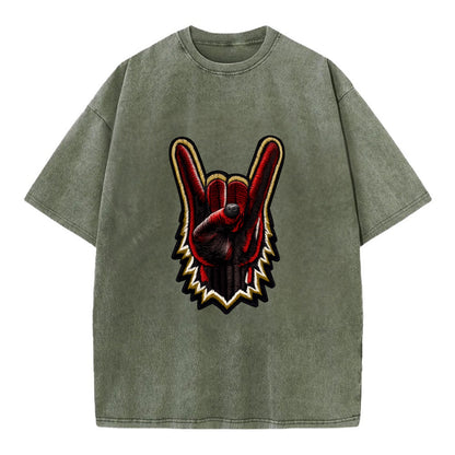 ROCK HAND HORNS - devil horns hand gesture in black and red , metal music - Vintage T-shirt - Army Green