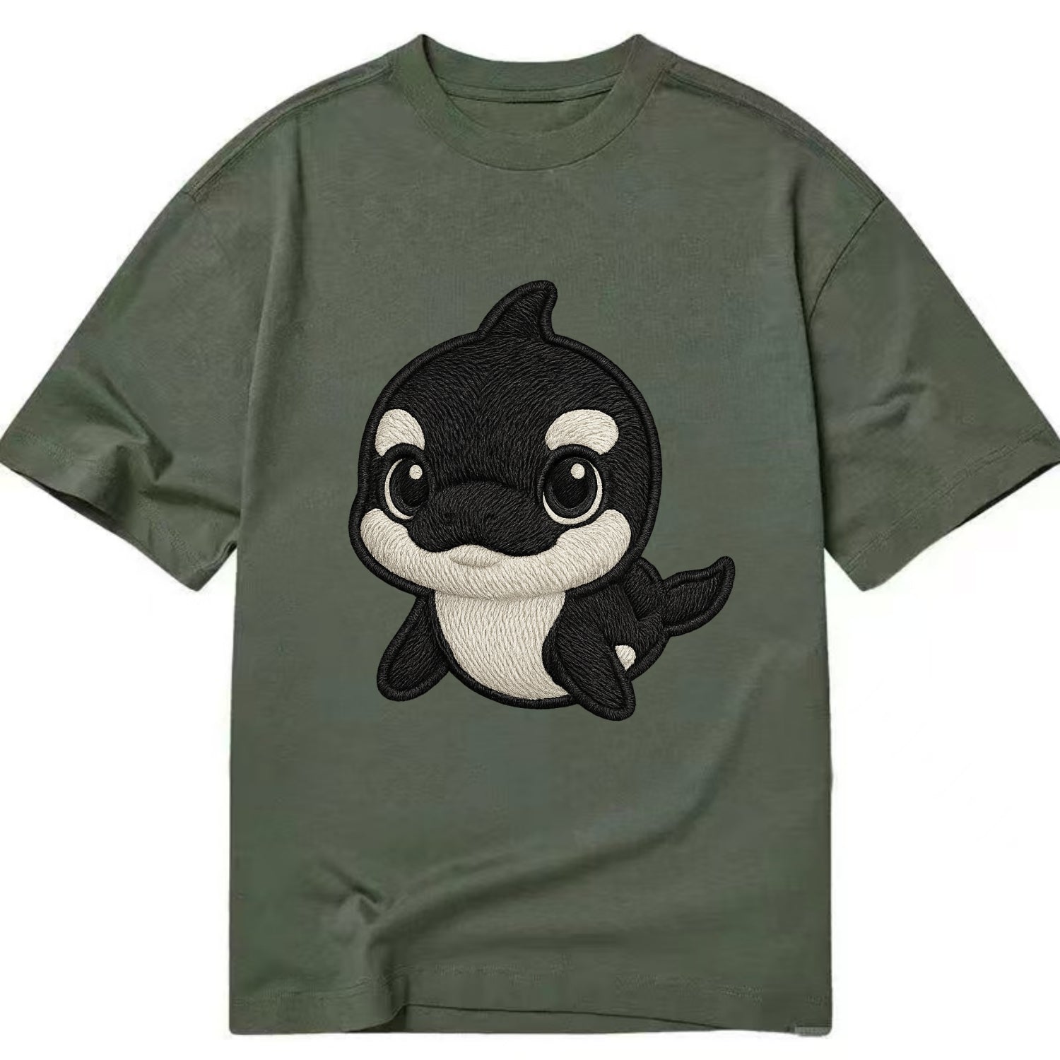 Baby Orca - black and white pattern, white eye patch, front-facing, curious and - Classic T-shirt - Army Green