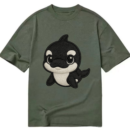 Baby Orca - black and white pattern, white eye patch, front-facing, curious and - Classic T-shirt - Army Green