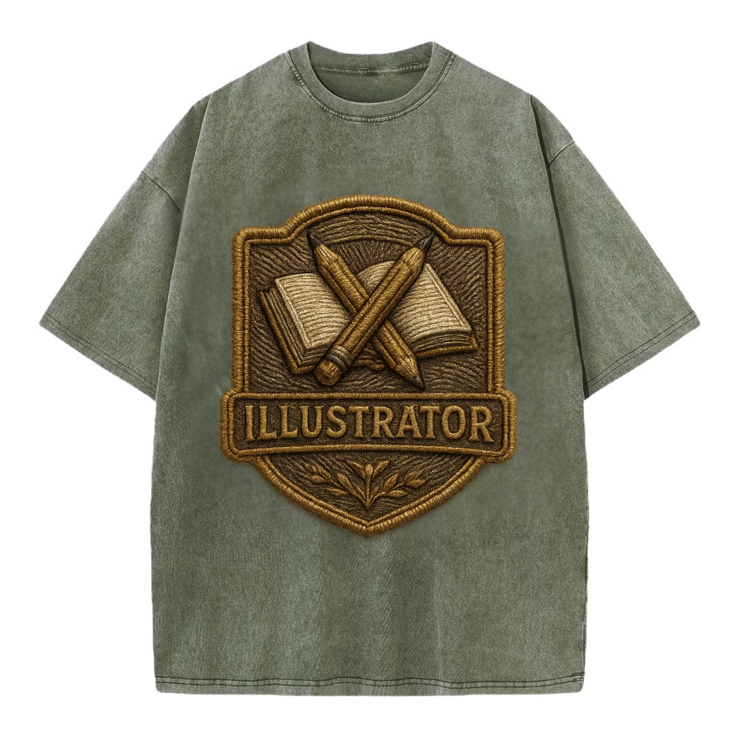 Pencils and sketchbook - illustrator badge - Vintage T-shirt - Army Green