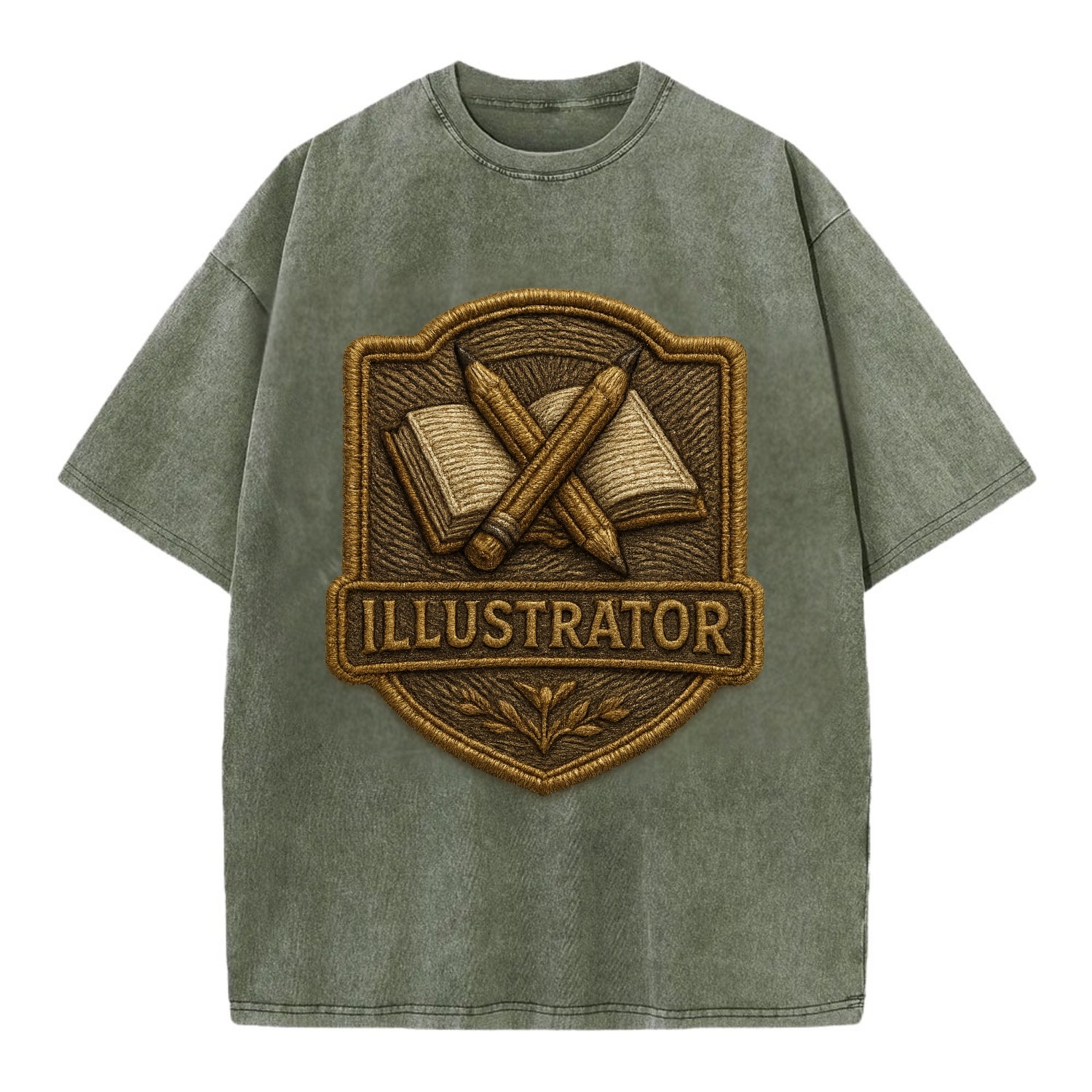 Pencils and sketchbook - illustrator badge - Vintage T-shirt - Army Green