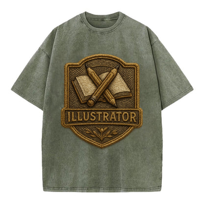 Pencils and sketchbook - illustrator badge - Vintage T-shirt - Army Green
