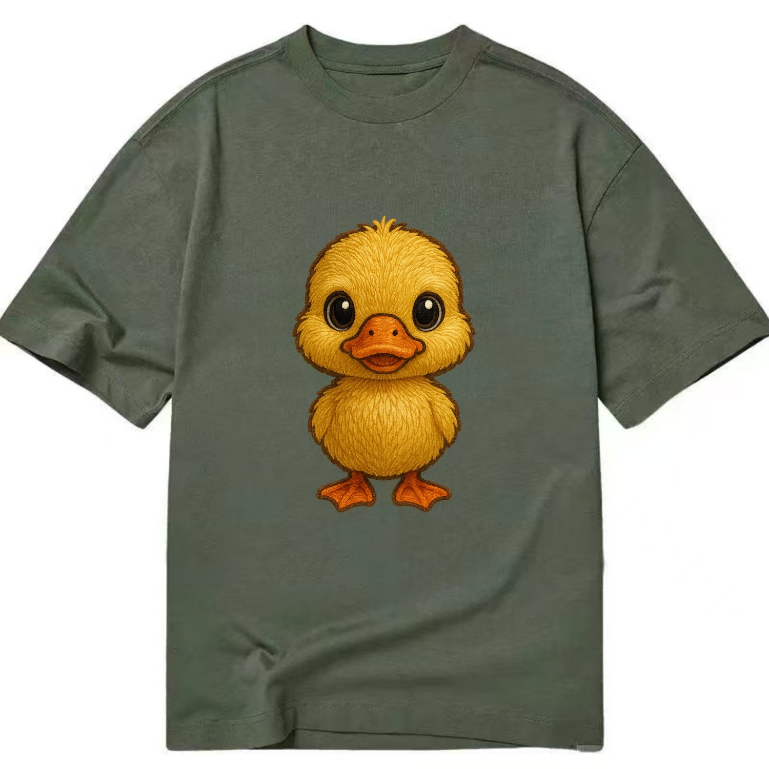 Baby Duck Duckling - yellow fluffy, orange beak, bright eyes, front-facing, quack - Classic T-shirt - Army Green