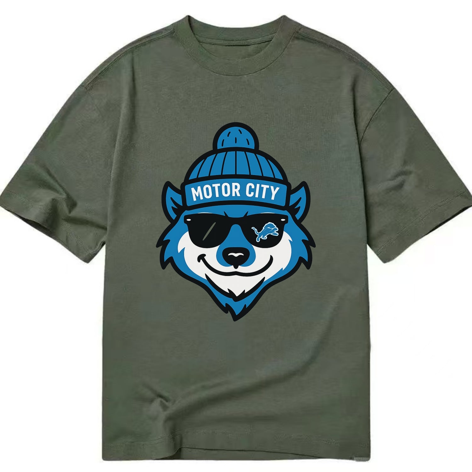 Motor City Wolverine wearing Lions beanie with gear patch and wayfarer sunglasses - Classic T-shirt - Army Green