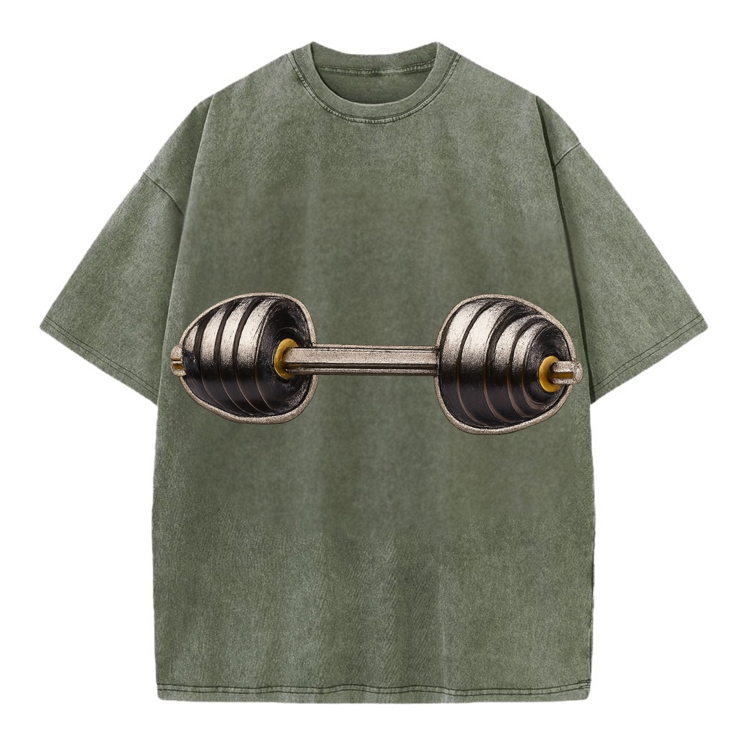 Embroidered patch design - WEIGHTLIFTING BARBELL - heavy barbell with plates in - Vintage T-shirt - Army Green