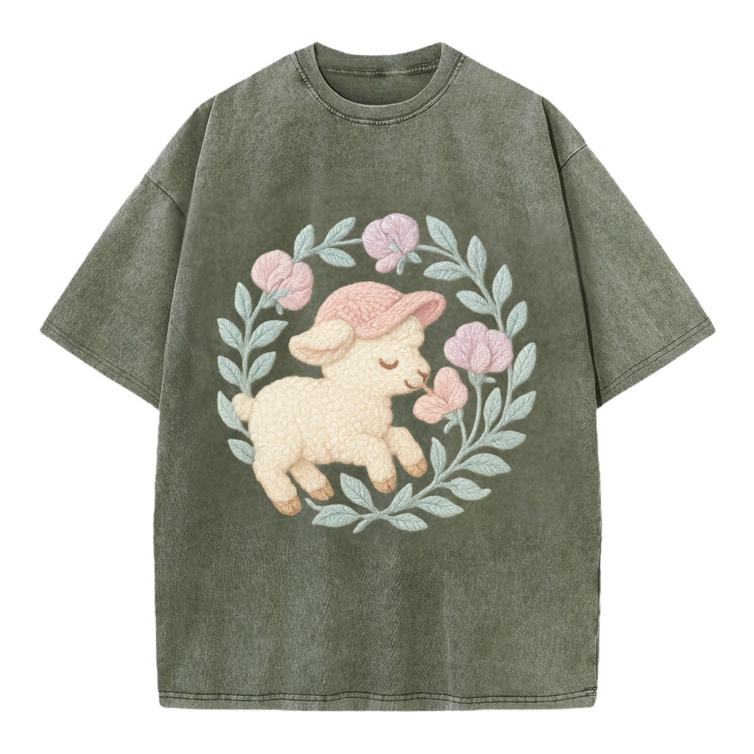 Lamb Sweet Peas  - Vintage T-shirt - Army Green