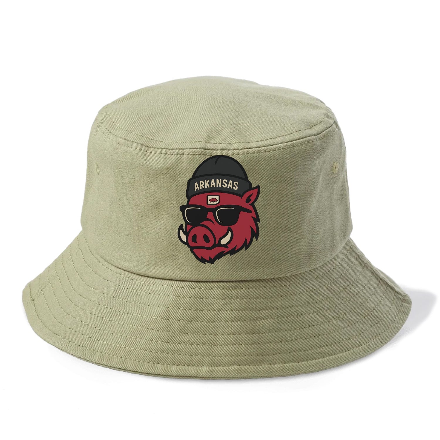 Fayetteville Razorback wearing Arkansas beanie with hog patch - Bucket Hat - Army Green