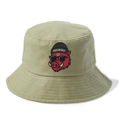 Fayetteville Razorback wearing Arkansas beanie with hog patch - Bucket Hat - Army Green