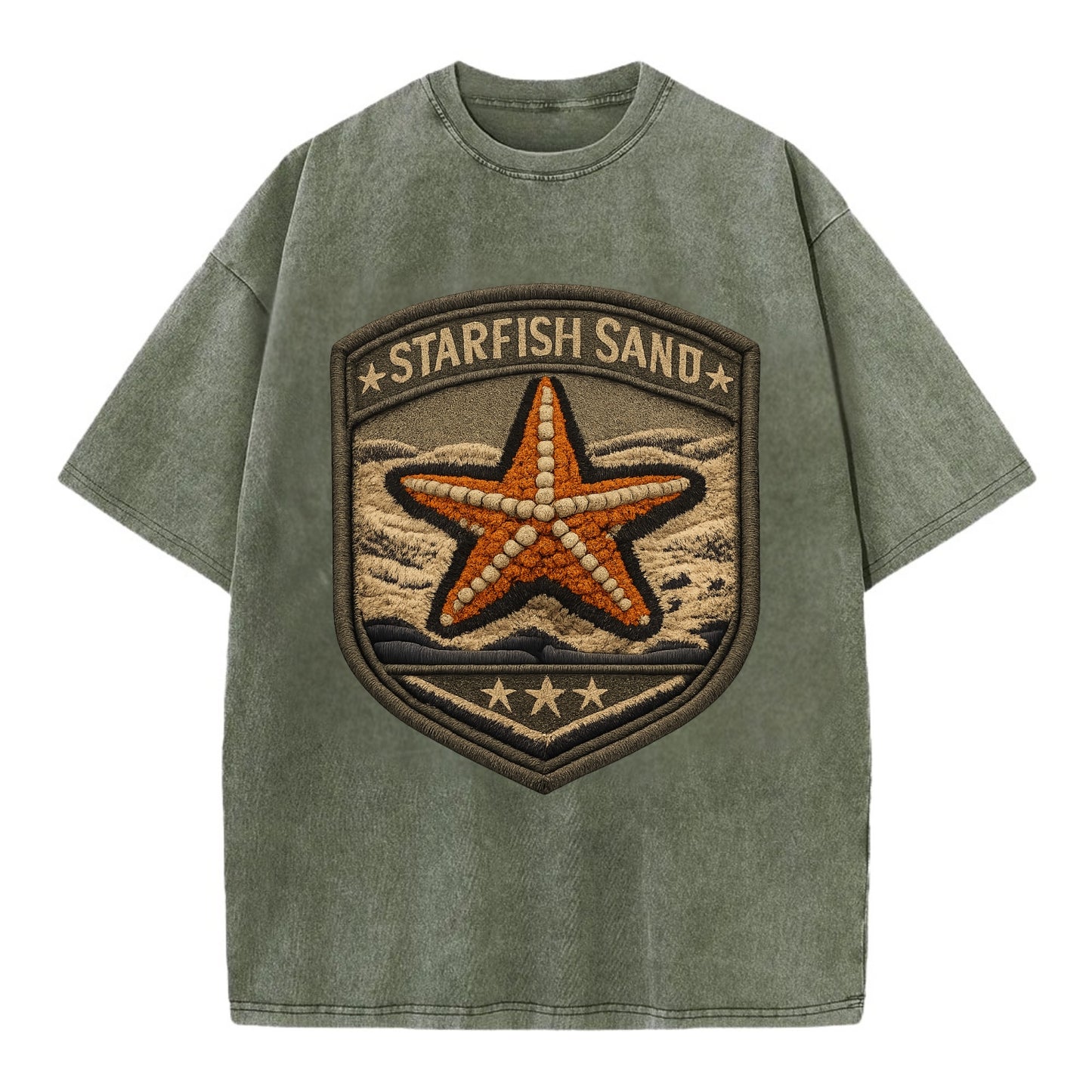 STARFISH SAND - sea star in orange and tan , beachcomber - Vintage T-shirt - Army Green