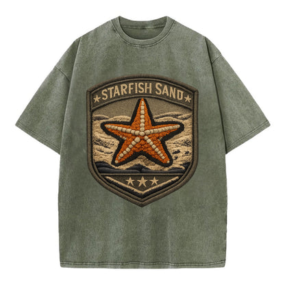 STARFISH SAND - sea star in orange and tan , beachcomber - Vintage T-shirt - Army Green
