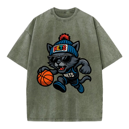 Brooklyn Cat wearing Nets beanie with street art patch and wayfarer sunglasses - Vintage T-shirt - Army Green