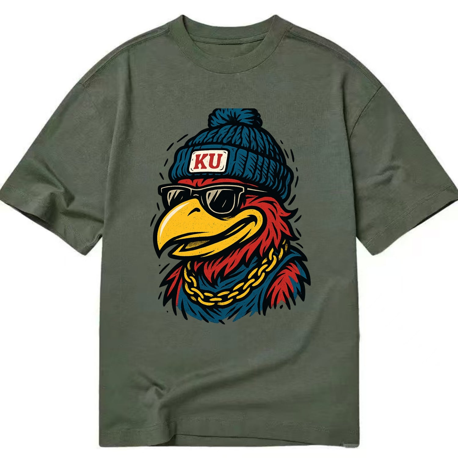 Lawrence Jayhawk wearing Kansas beanie with KU patch - Classic T-shirt - Army Green