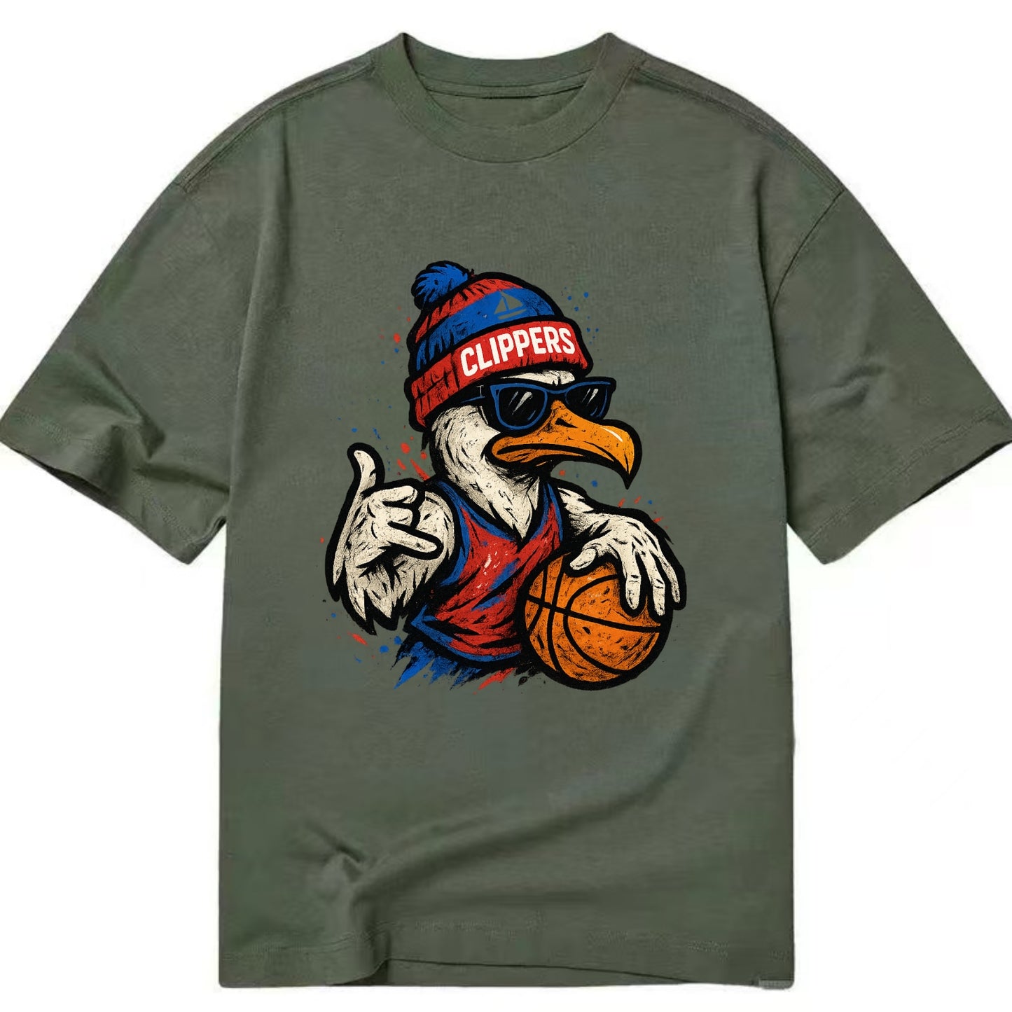 LA Seagull wearing Clippers red white and blue beanie with ship patch and - Classic T-shirt - Army Green