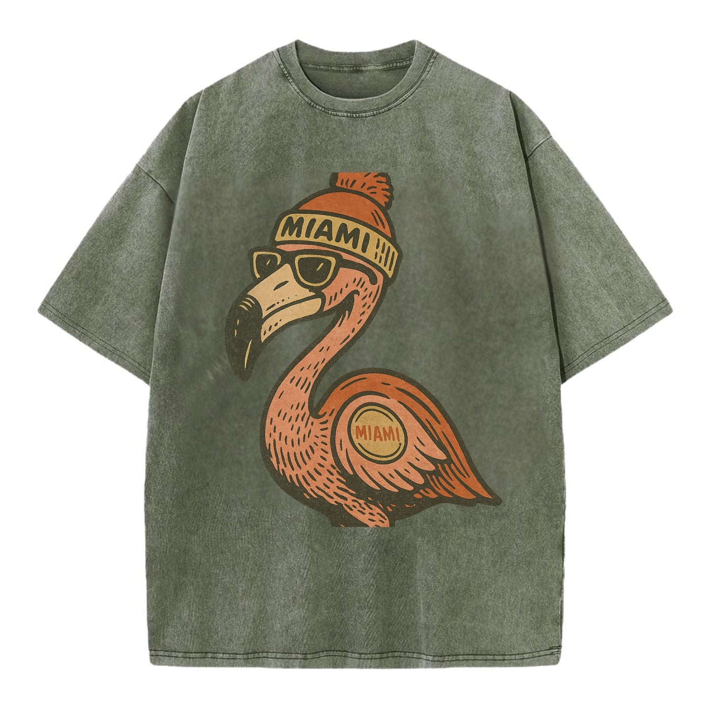 Miami Flamingo wearing Miami beanie with pom pom and wayfarer sunglasses - Vintage T-shirt - Army Green