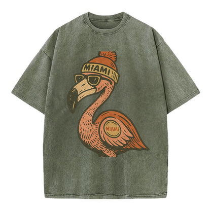 Miami Flamingo wearing Miami beanie with pom pom and wayfarer sunglasses - Vintage T-shirt - Army Green