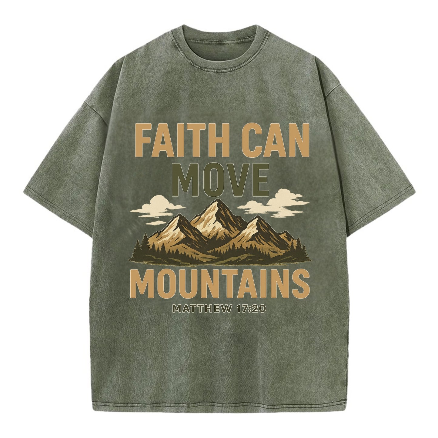 Matthew 17:20 Mountains - Vintage T-shirt - Army Green