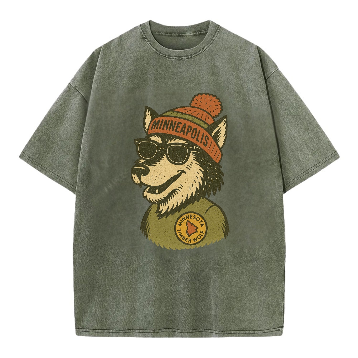 Minnesota Timber Wolf wearing Minneapolis beanie with pom pom and wayfarer - Vintage T-shirt - Army Green