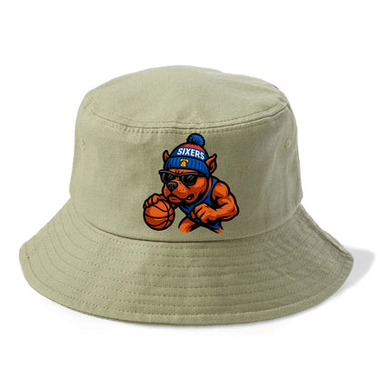 Philly Pitbull wearing Sixers beanie with Liberty Bell and wayfarer sunglasses - Bucket Hat - Army Green