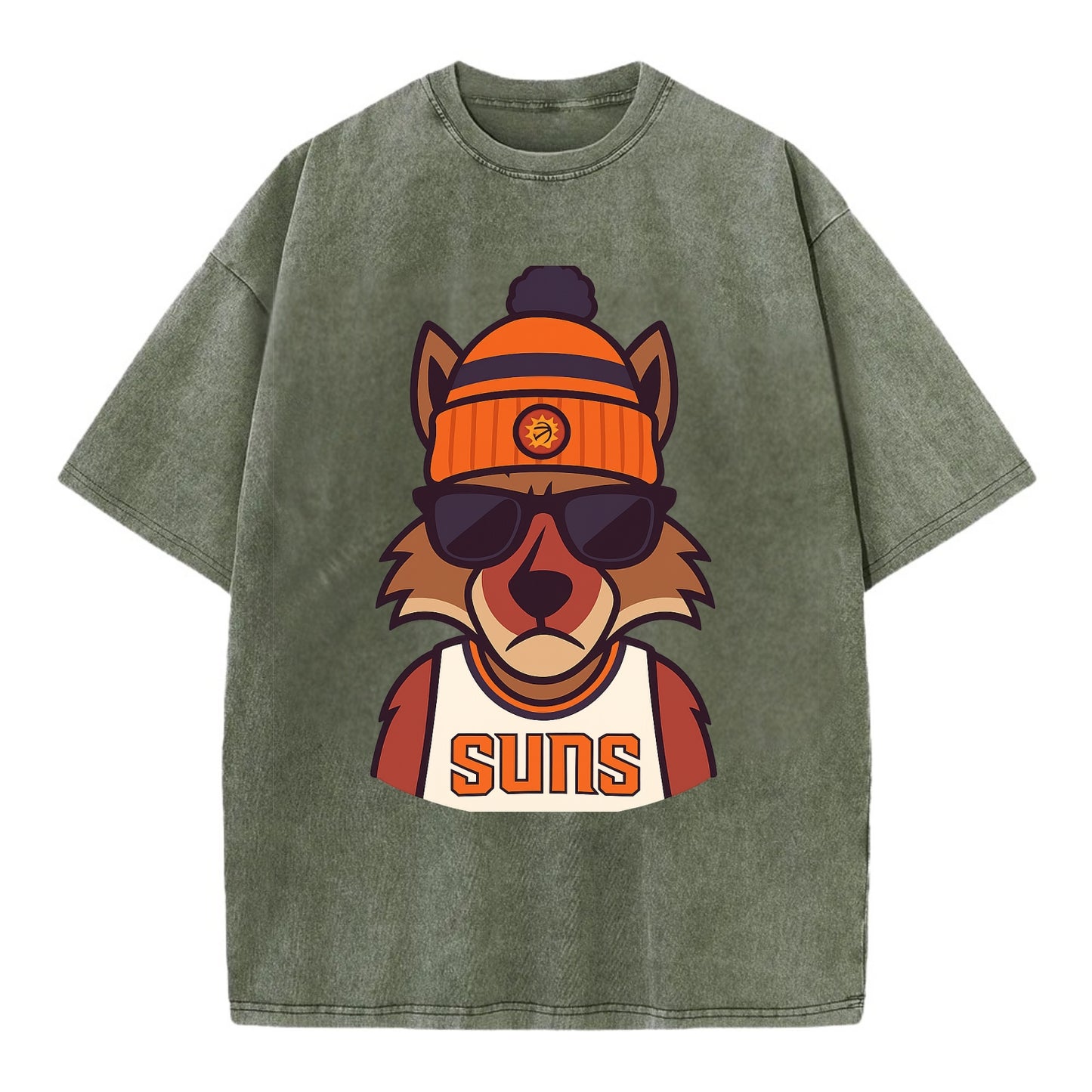 Arizona Coyote wearing Suns beanie with desert sun patch and wayfarer sunglasses - Vintage T-shirt - Army Green