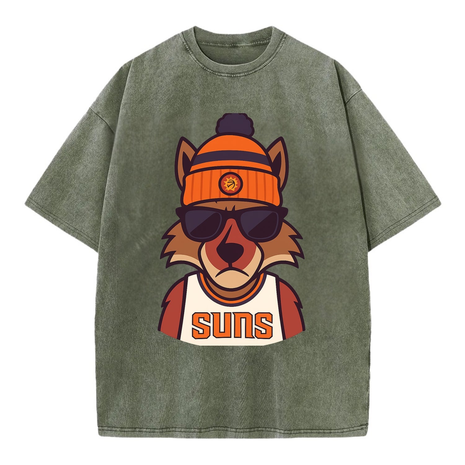 Arizona Coyote wearing Suns beanie with desert sun patch and wayfarer sunglasses - Vintage T-shirt - Army Green