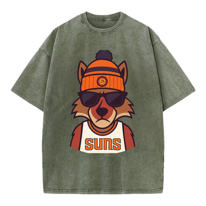 Arizona Coyote wearing Suns beanie with desert sun patch and wayfarer sunglasses - Vintage T-shirt - Army Green