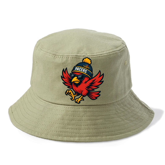 Indiana Cardinal wearing Pacers beanie with speedway patch and wayfarer sunglasses - Bucket Hat - Army Green