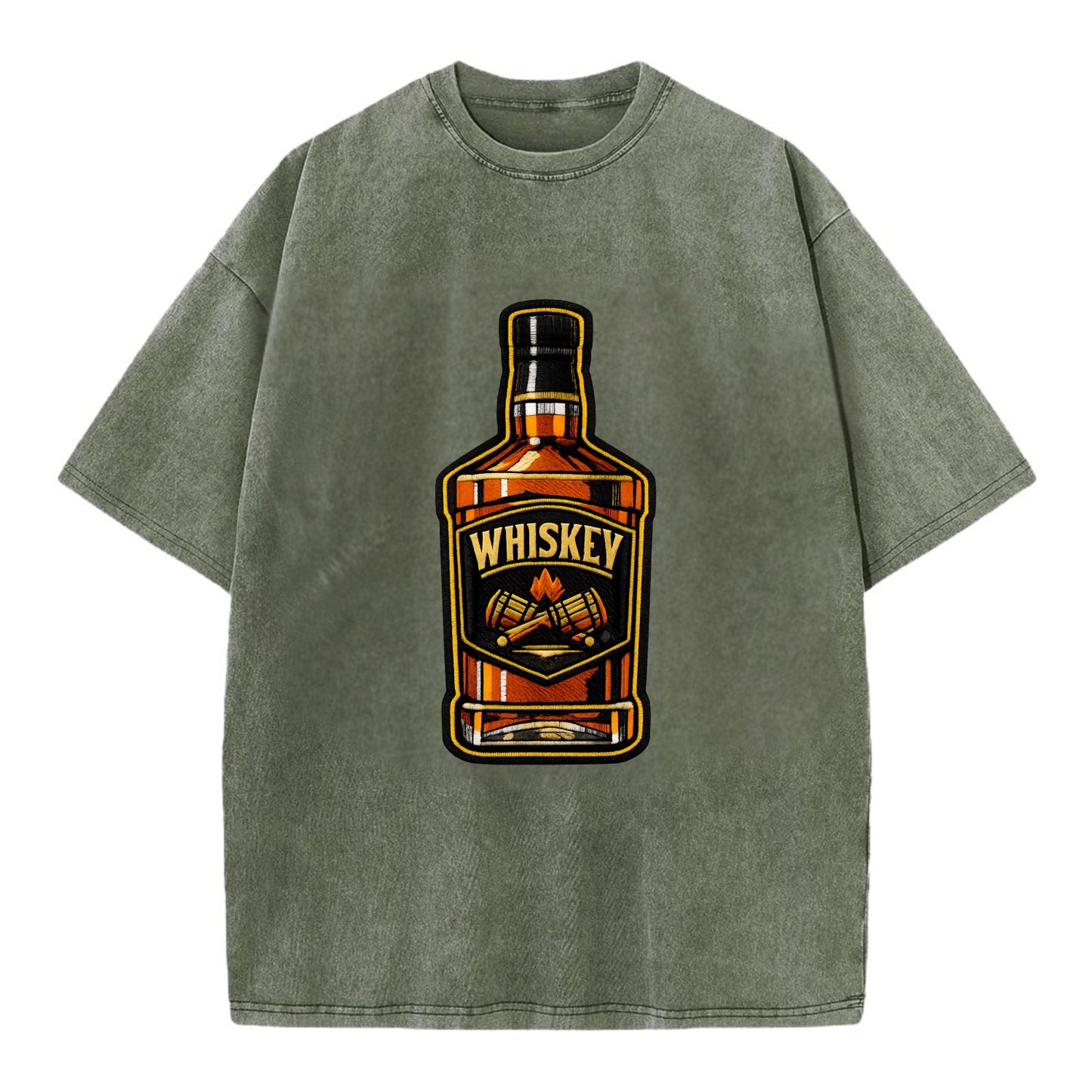 WHISKEY BOTTLE - bourbon bottle in amber and gold , spirits connoisseur - Vintage T-shirt - Army Green