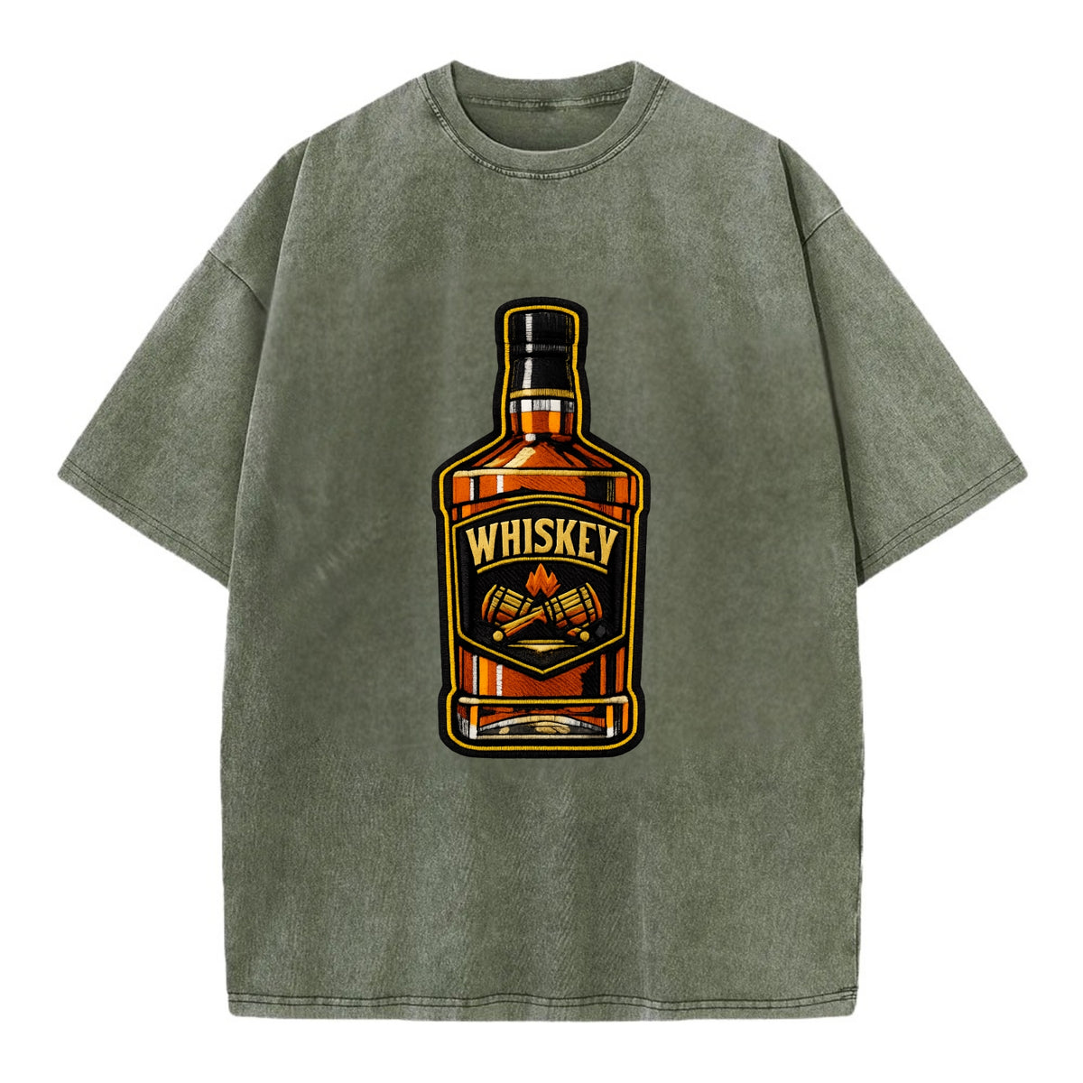 WHISKEY BOTTLE - bourbon bottle in amber and gold , spirits connoisseur - Vintage T-shirt - Army Green