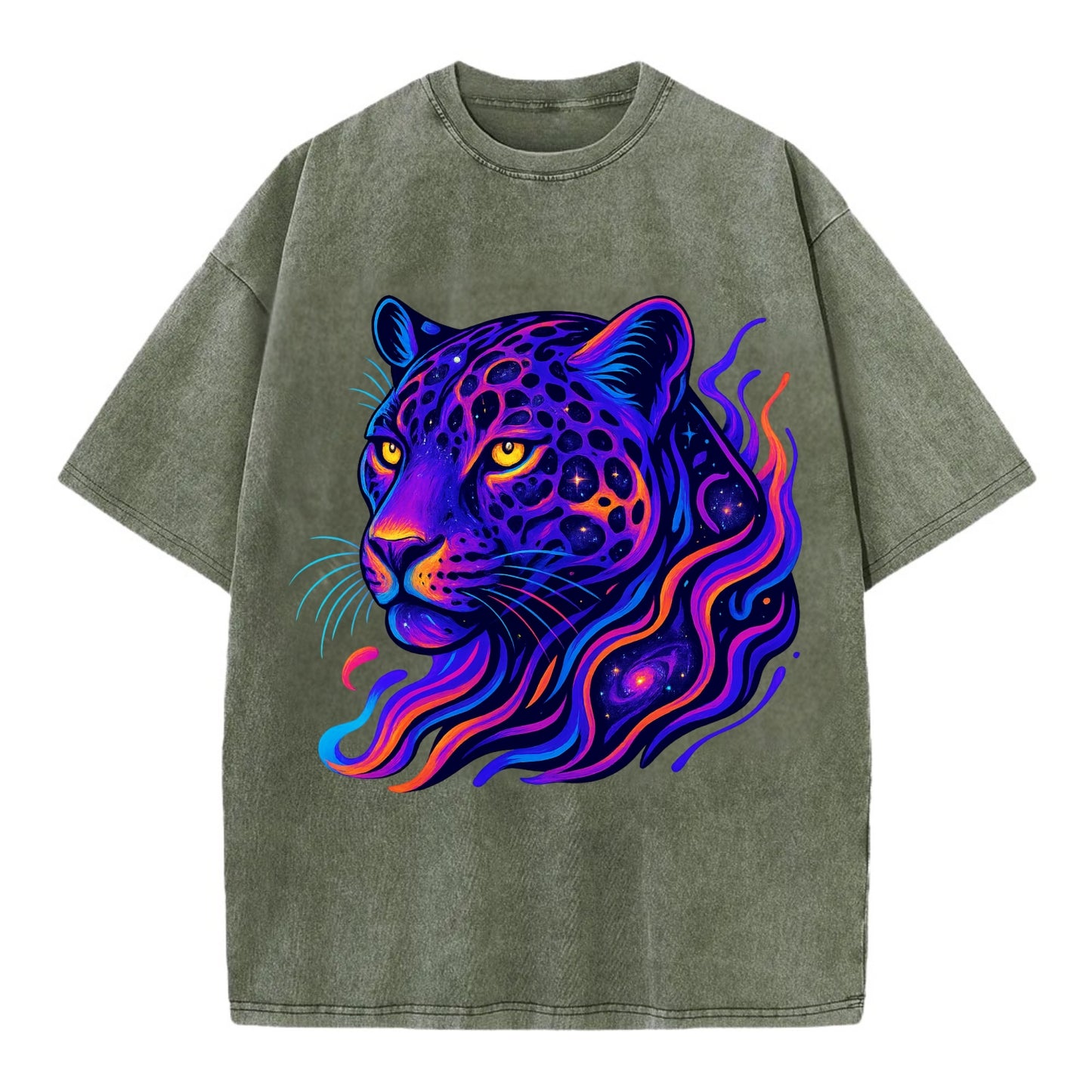 Powerful jaguar with rosettes containing miniature galaxies, cosmic purple and - Vintage T-shirt - Army Green