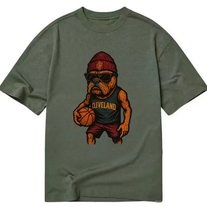 Cleveland Bulldog wearing Cavaliers wine and gold beanie with sword patch and - Classic T-shirt - Army Green