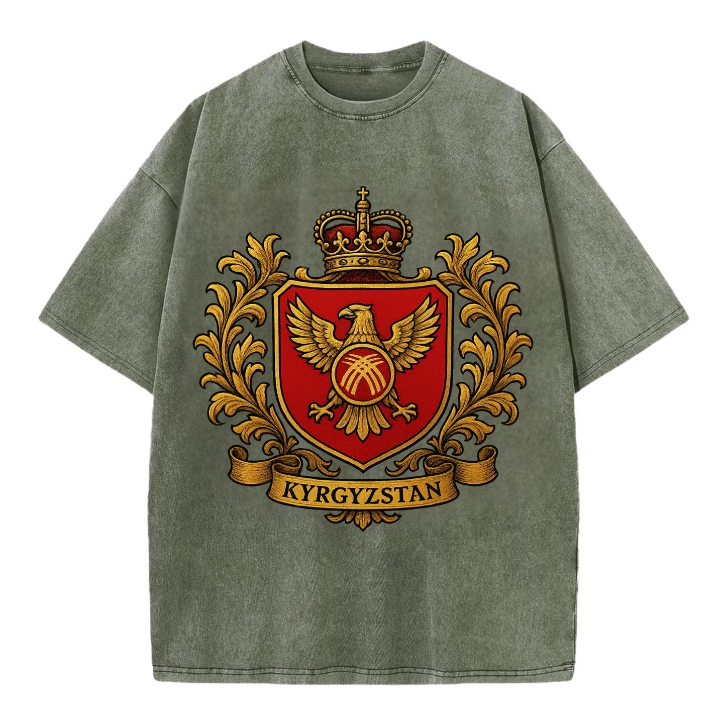 Kyrgyzstan Heritage Badge  - Vintage T-shirt - Army Green