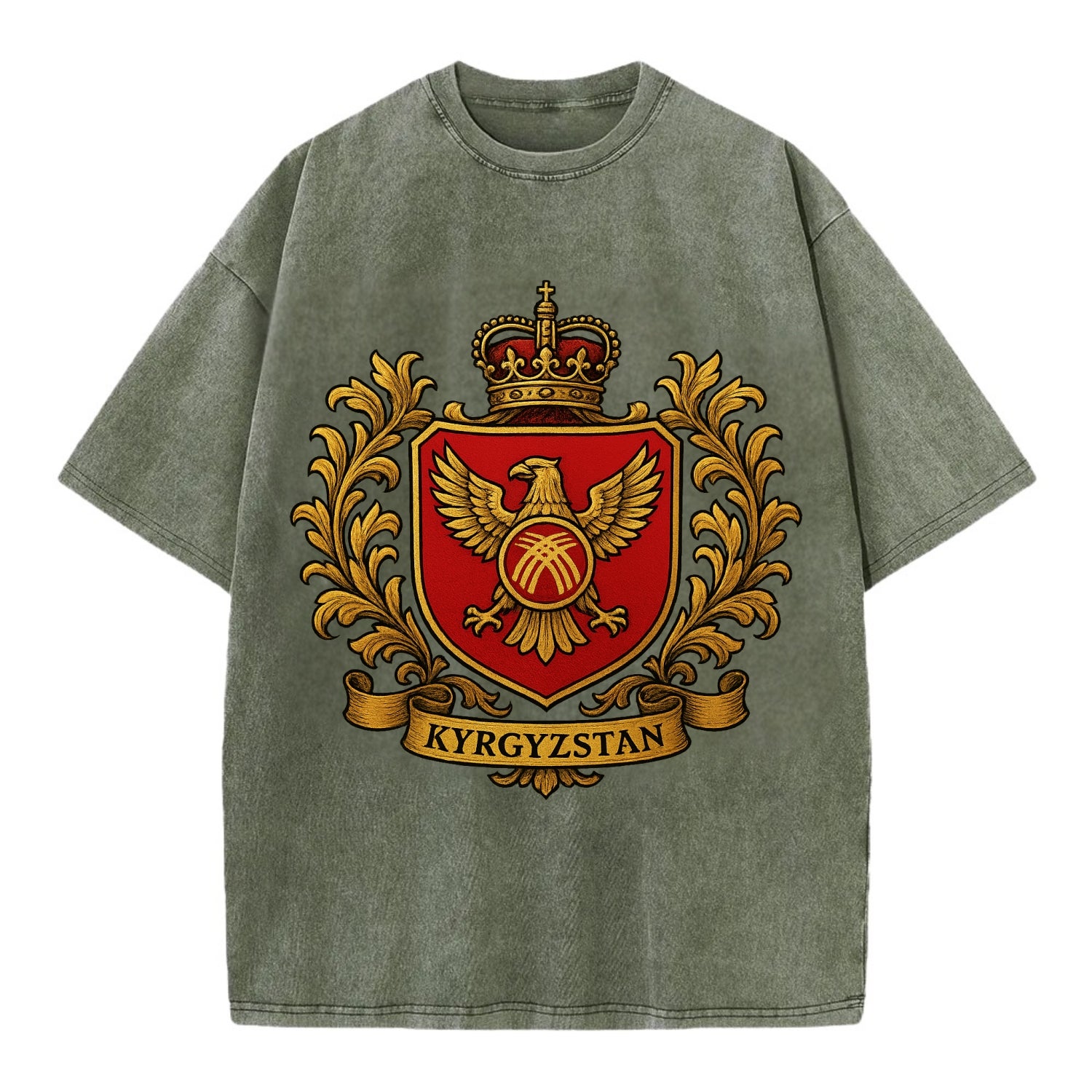 Kyrgyzstan Heritage Badge  - Vintage T-shirt - Army Green