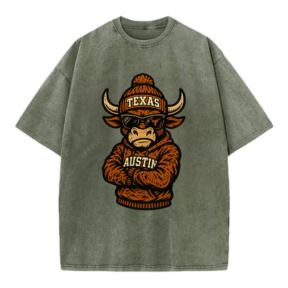 Austin Bevo wearing Texas beanie with longhorn patch - Vintage T-shirt - Army Green
