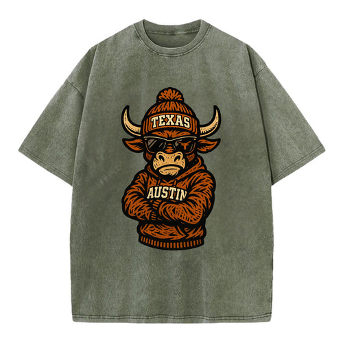 Austin Bevo wearing Texas beanie with longhorn patch - Vintage T-shirt