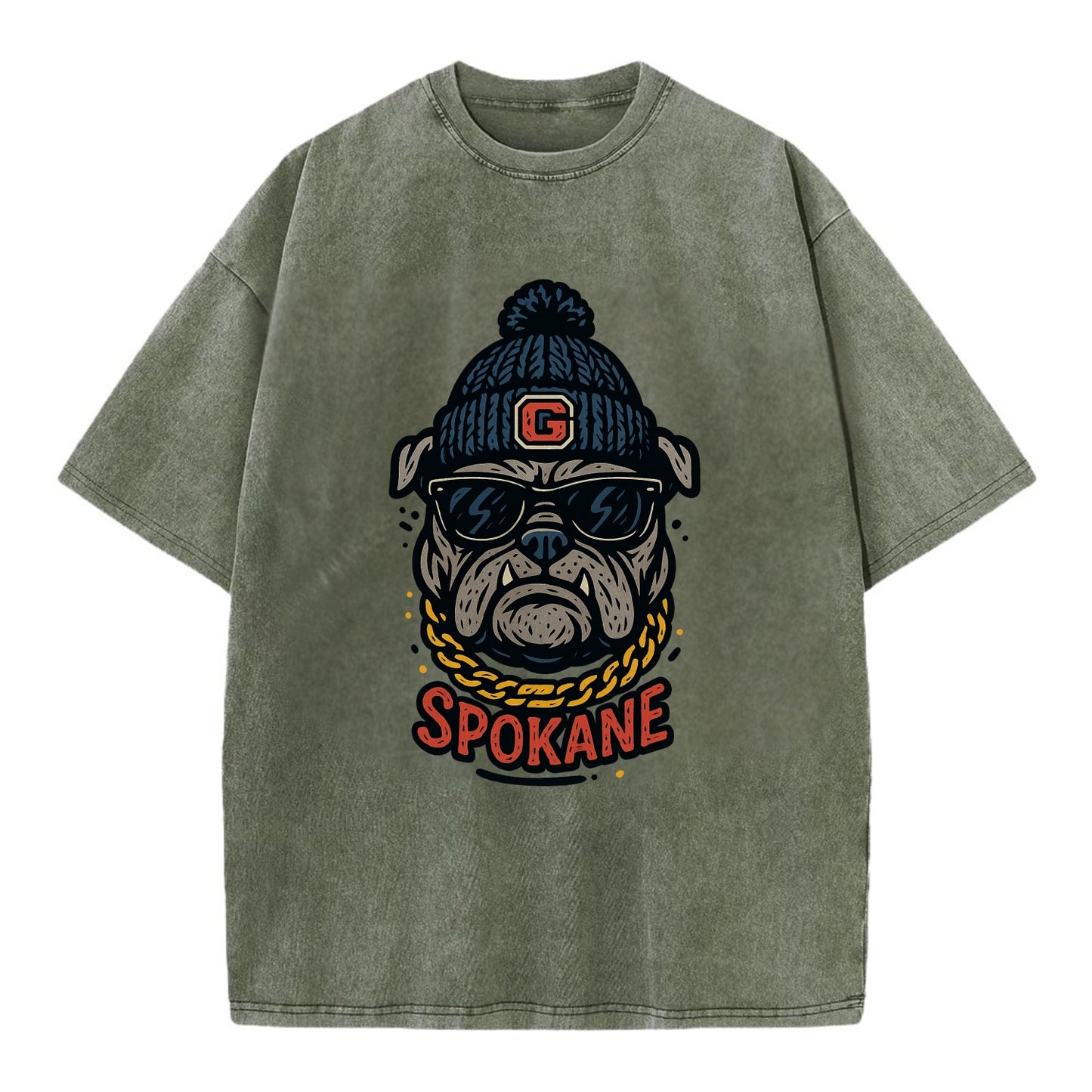 Spokane Bulldog wearing Gonzaga beanie with G patch - Vintage T-shirt - Army Green
