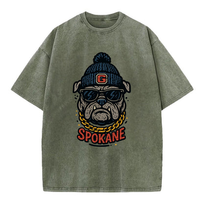 Spokane Bulldog wearing Gonzaga beanie with G patch - Vintage T-shirt - Army Green
