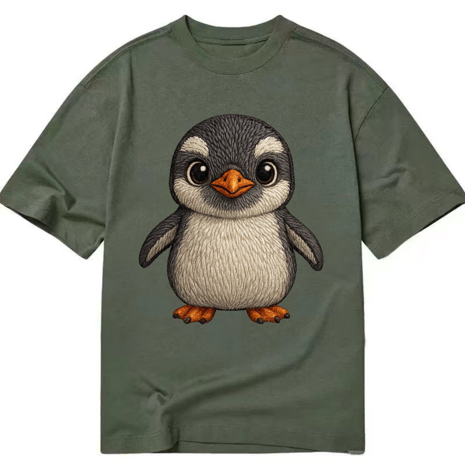 Baby Gentoo Penguin - orange beak, white cap, bright eyes, front-facing, energetic - Classic T-shirt - Army Green