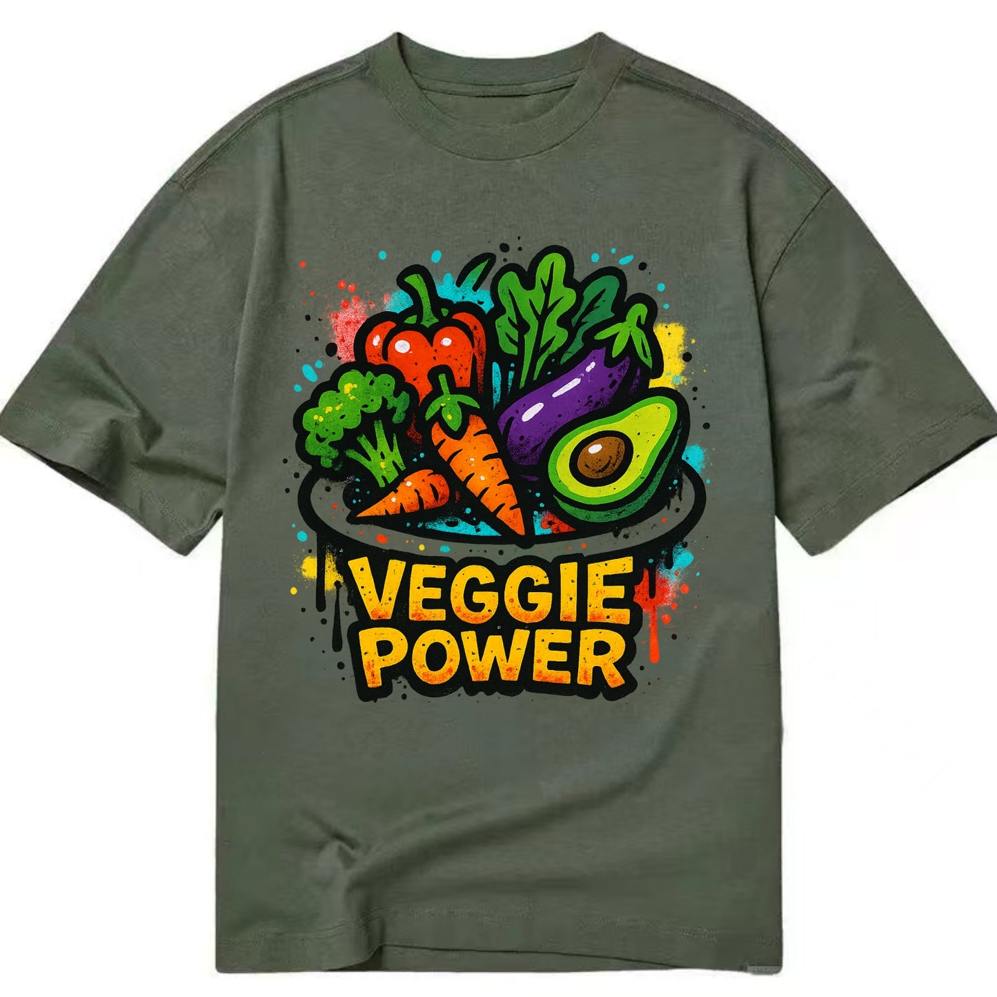 Colorful vegetables and plants on plate - plant-based lifestyle, veggie power - Classic T-shirt - Army Green