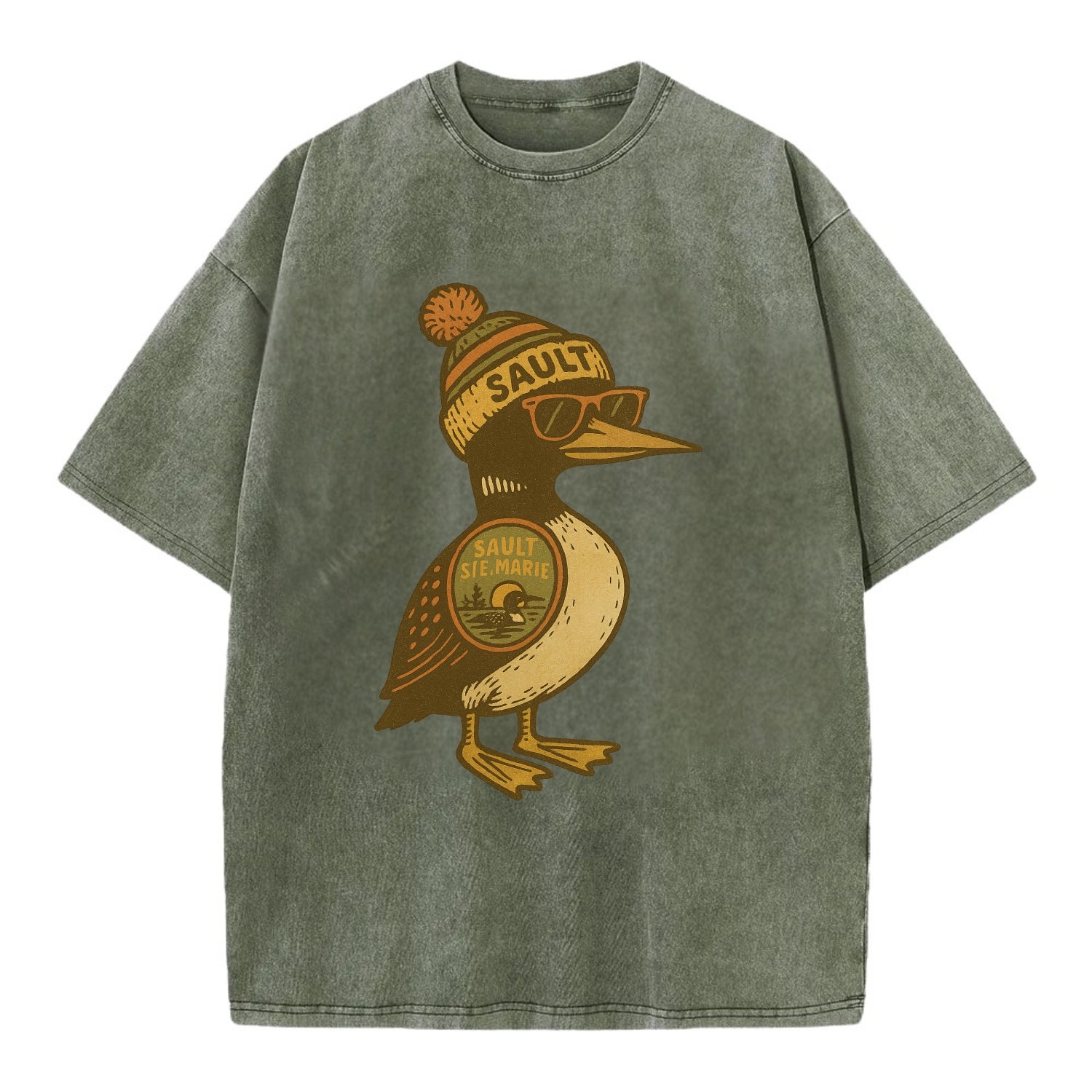 Sault Ste Marie Loon wearing Sault beani - Vintage T-shirt - Army Green